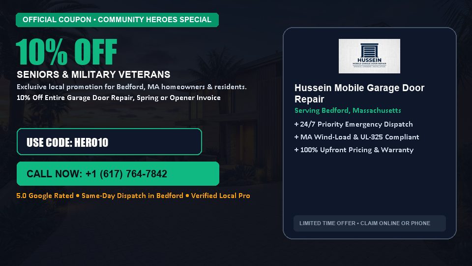 Hussein Mobile Garage Door Repair 10% OFF Seniors & Military Veterans in Bedford, MA